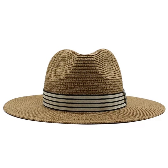 Khaki Woven Straw Beach Sun Fedora Hat - Picture 2 of 5
